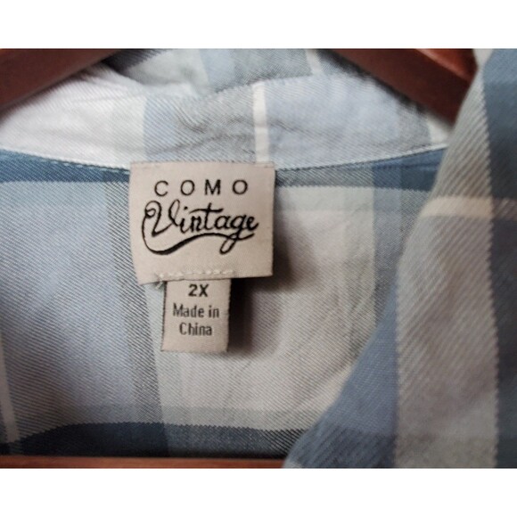 COMO VINTAGE Womens 2X Plaid Print Knot Front Button Up Short Sleeve Top Blue - Picture 3 of 9